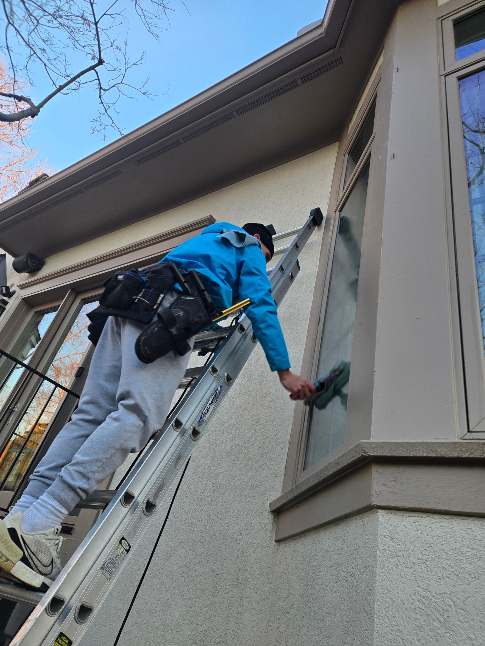 Mitchell Orr cleaning windows on a ladder